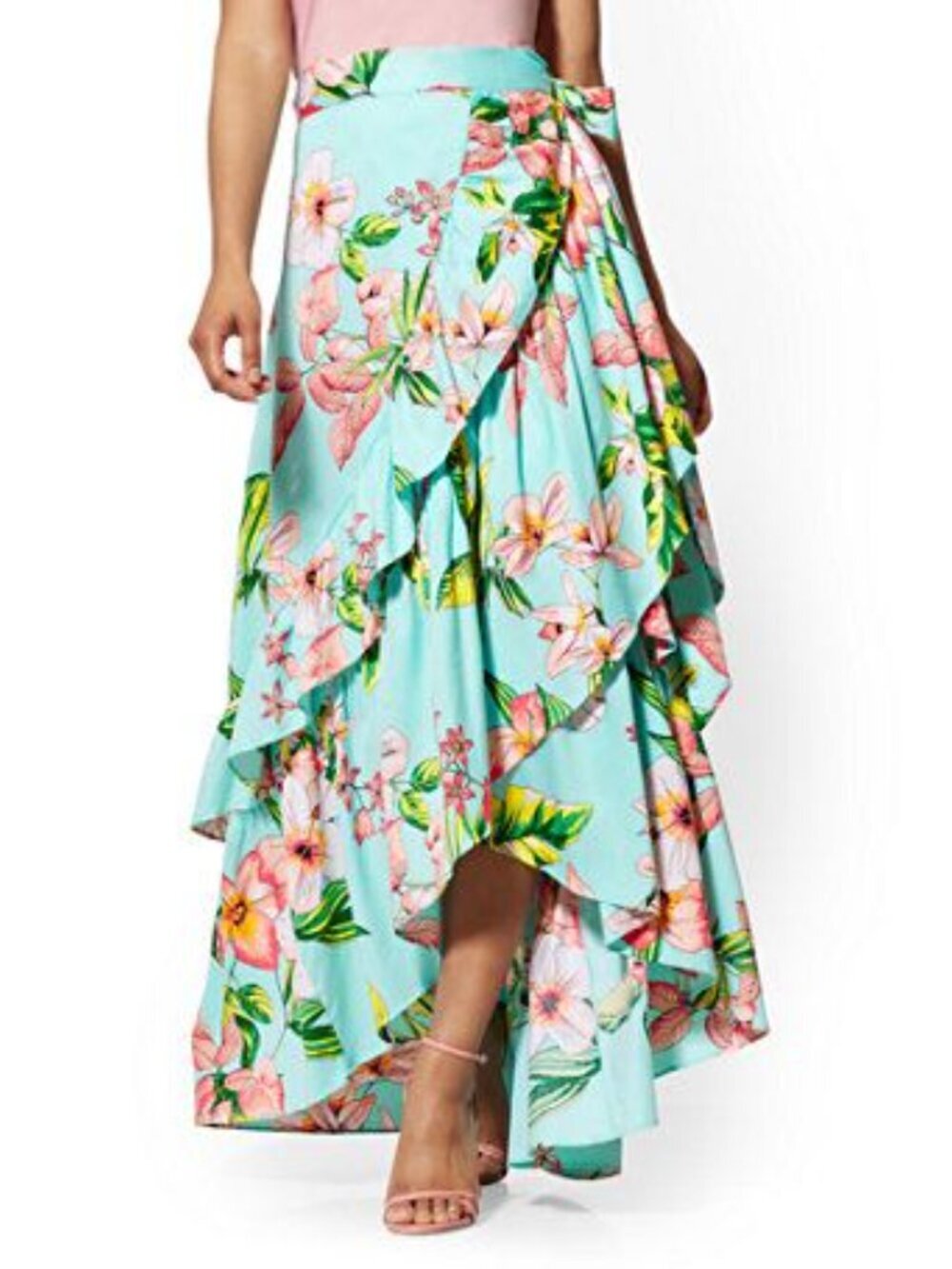 New York & Company Floral Maxi Wrap Skirt High-Low Ruffle Front sz M Turquoise